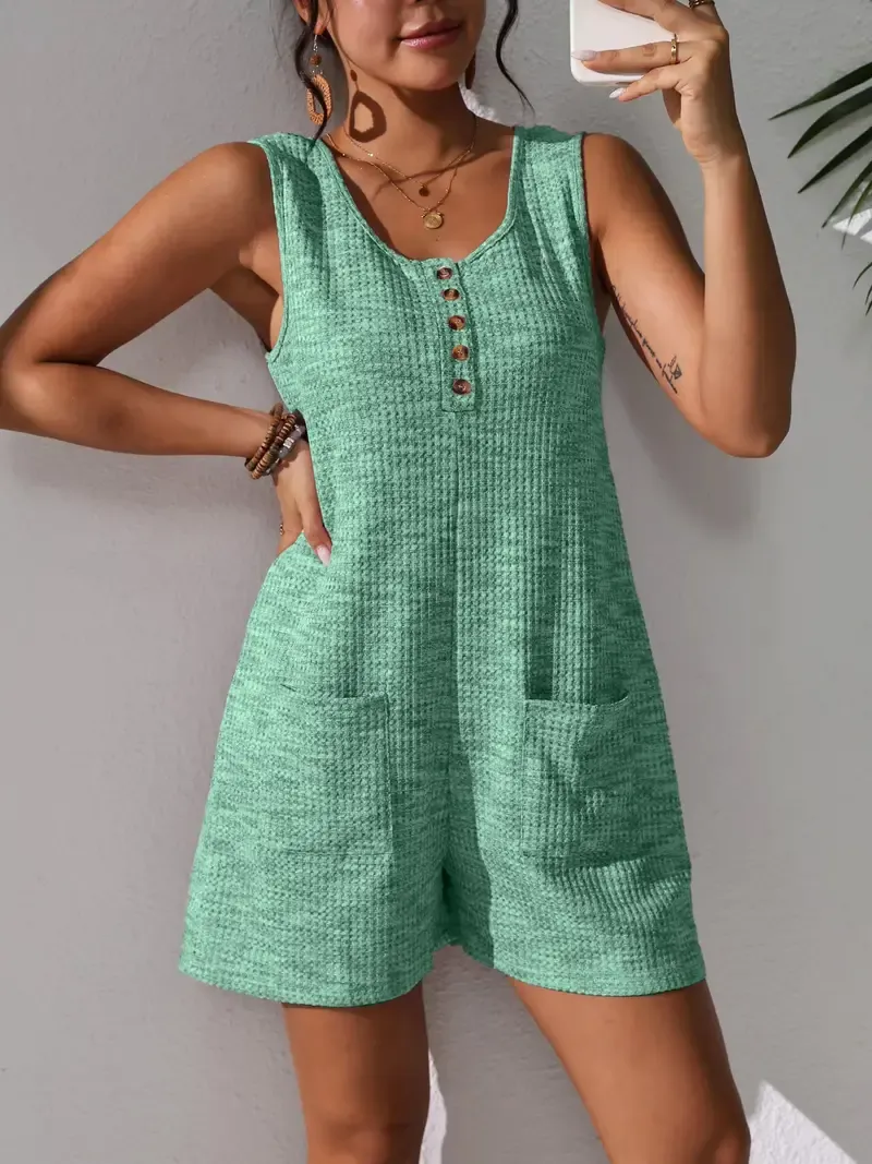 New Summer Casual Women'S Jumpsuit with Vibrant Waffle Texture, Stylish Sleeveless Tank Top, Pockets, And Buttoned Shorts.