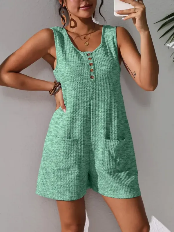 New Summer Casual Women'S Jumpsuit with Vibrant Waffle Texture, Stylish Sleeveless Tank Top, Pockets, And Buttoned Shorts.