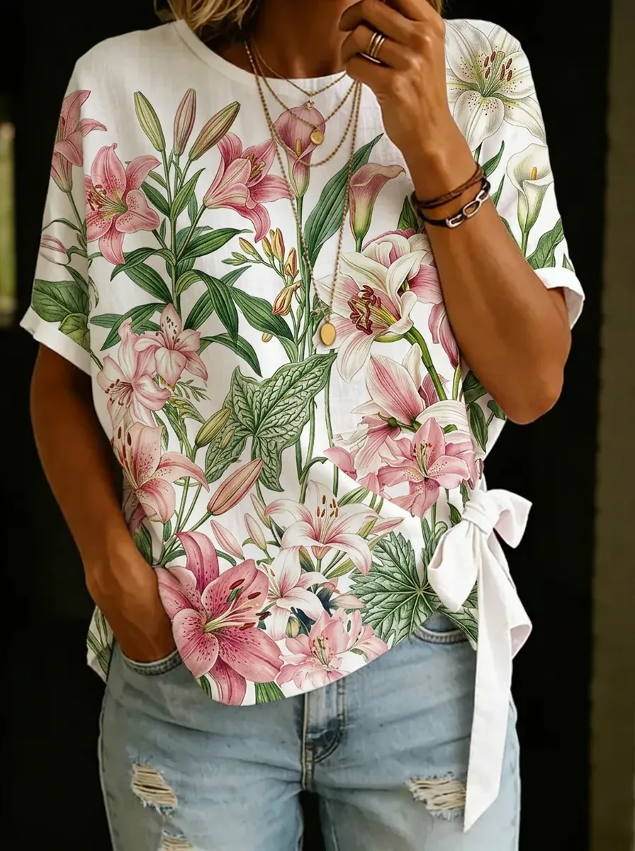 Women's Nashville Floral Lily Botanical Printed Tie-Side Top