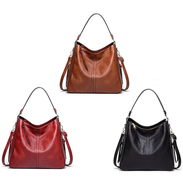 Women's Waterproof Top Handle Bag Hobo Bag PU Leather Daily Solid Color Black Red Brown