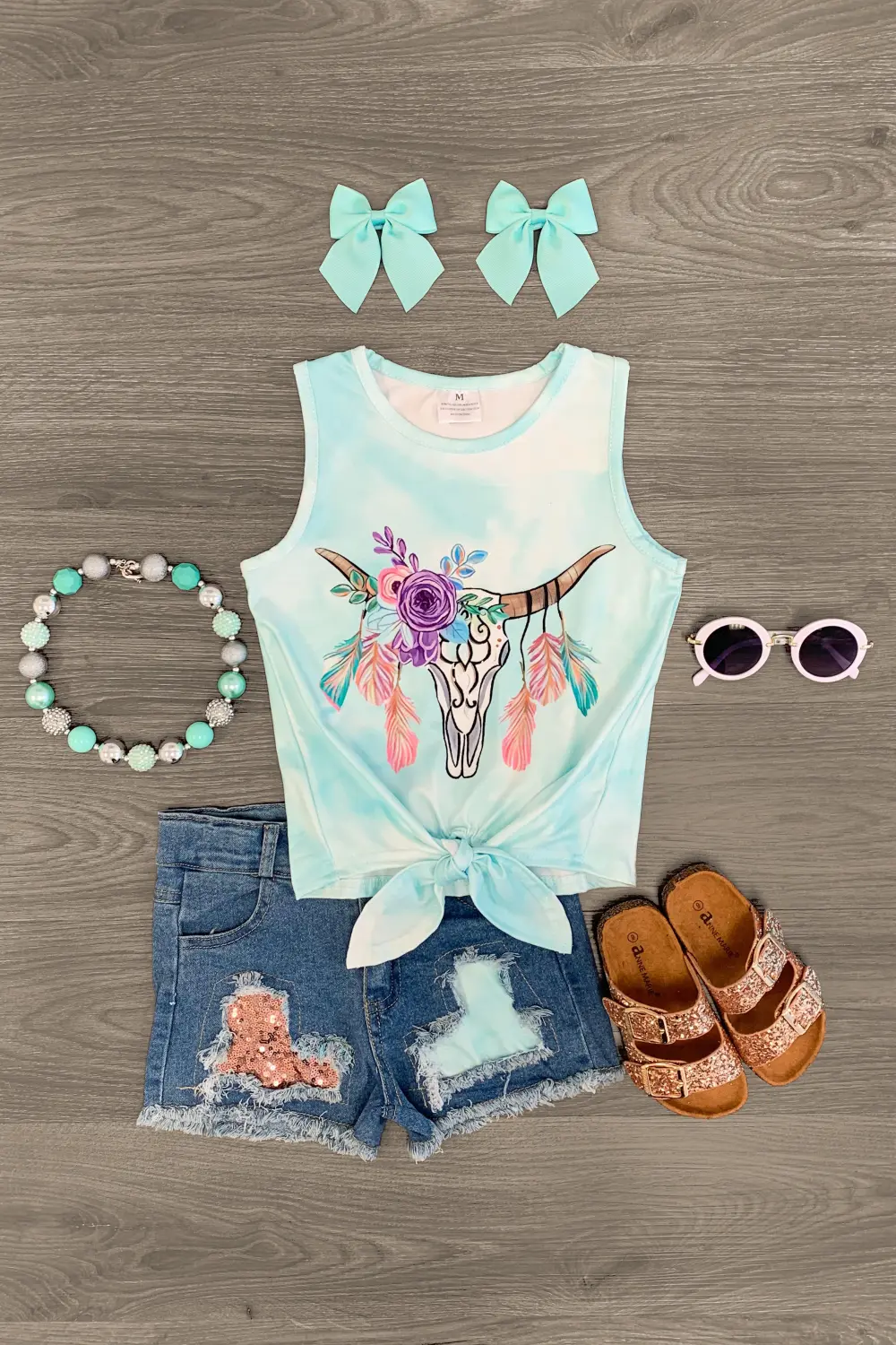 Bohemian Skull Mint Tie Tank Denim Short Set