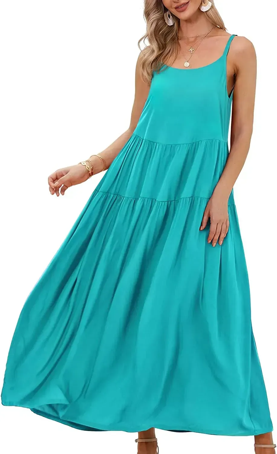 Summer Dresses for Women Casual Loose Bohemian Floral Dress with Pockets Spaghetti Strap Maxi Dress E75