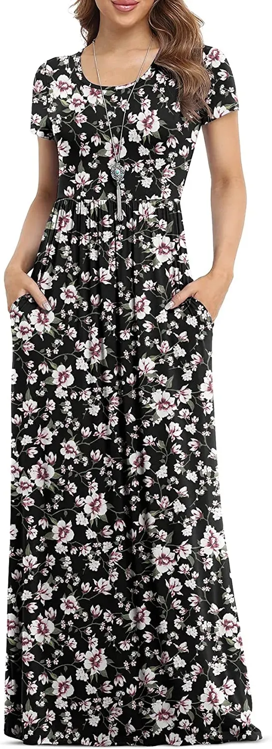 Women's Short Sleeve Loose Plain Maxi Dresses Casual Long Dresses with Pockets