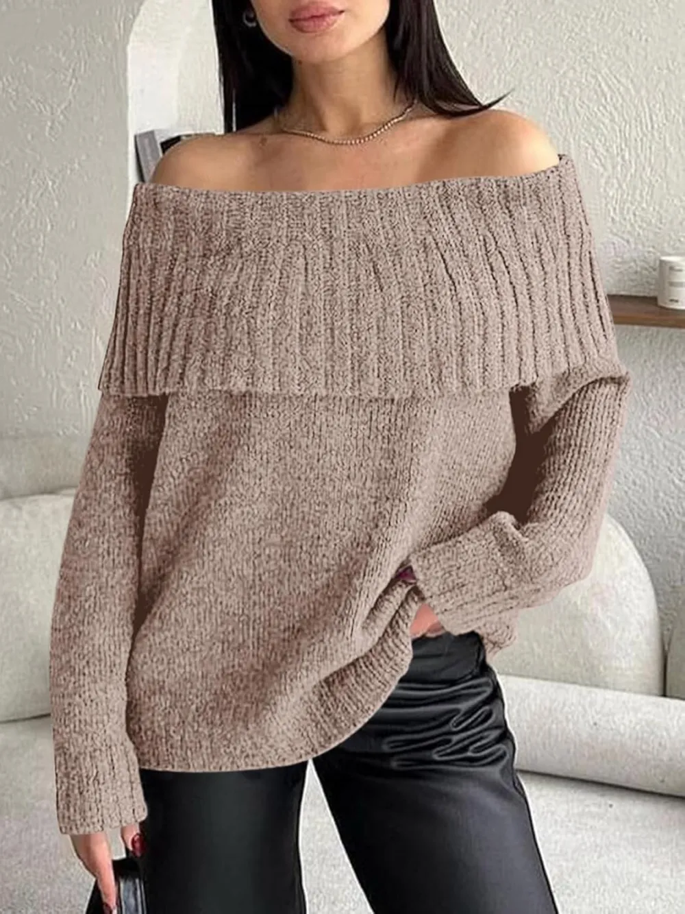 🎄Hot Sale Off The Shoulder Sweaters Long Sleeve Slouchy Knitted Casual Loose Fall Trendy Pullover Tops