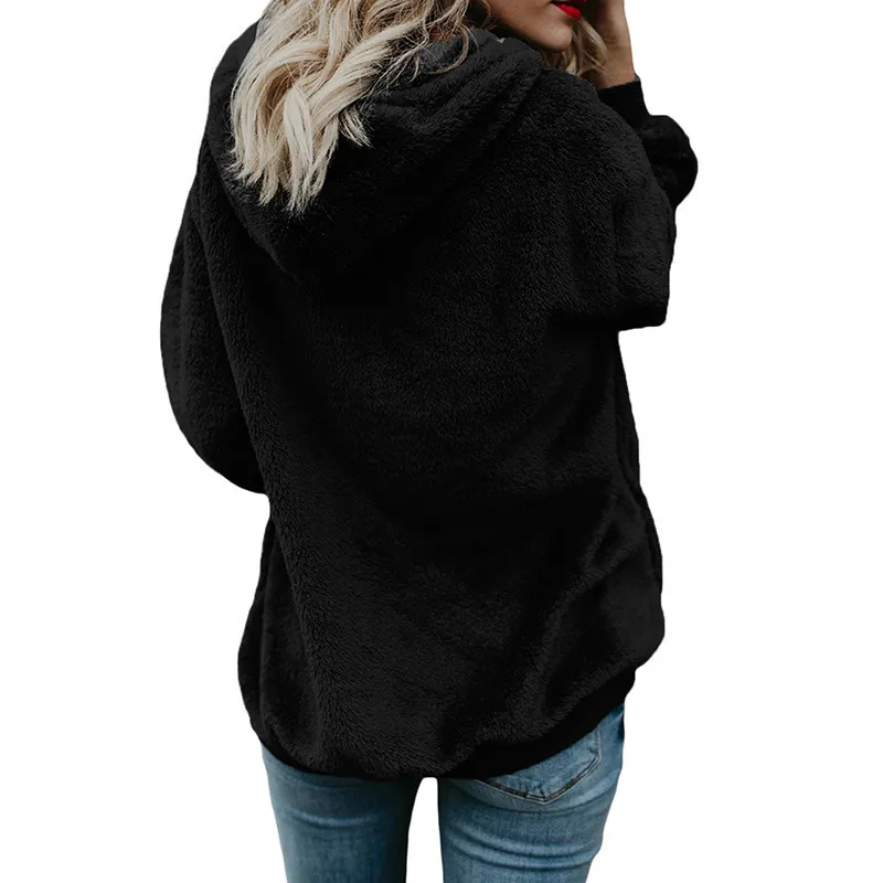 Solid Plush Drawstring Hooded Zip Coat