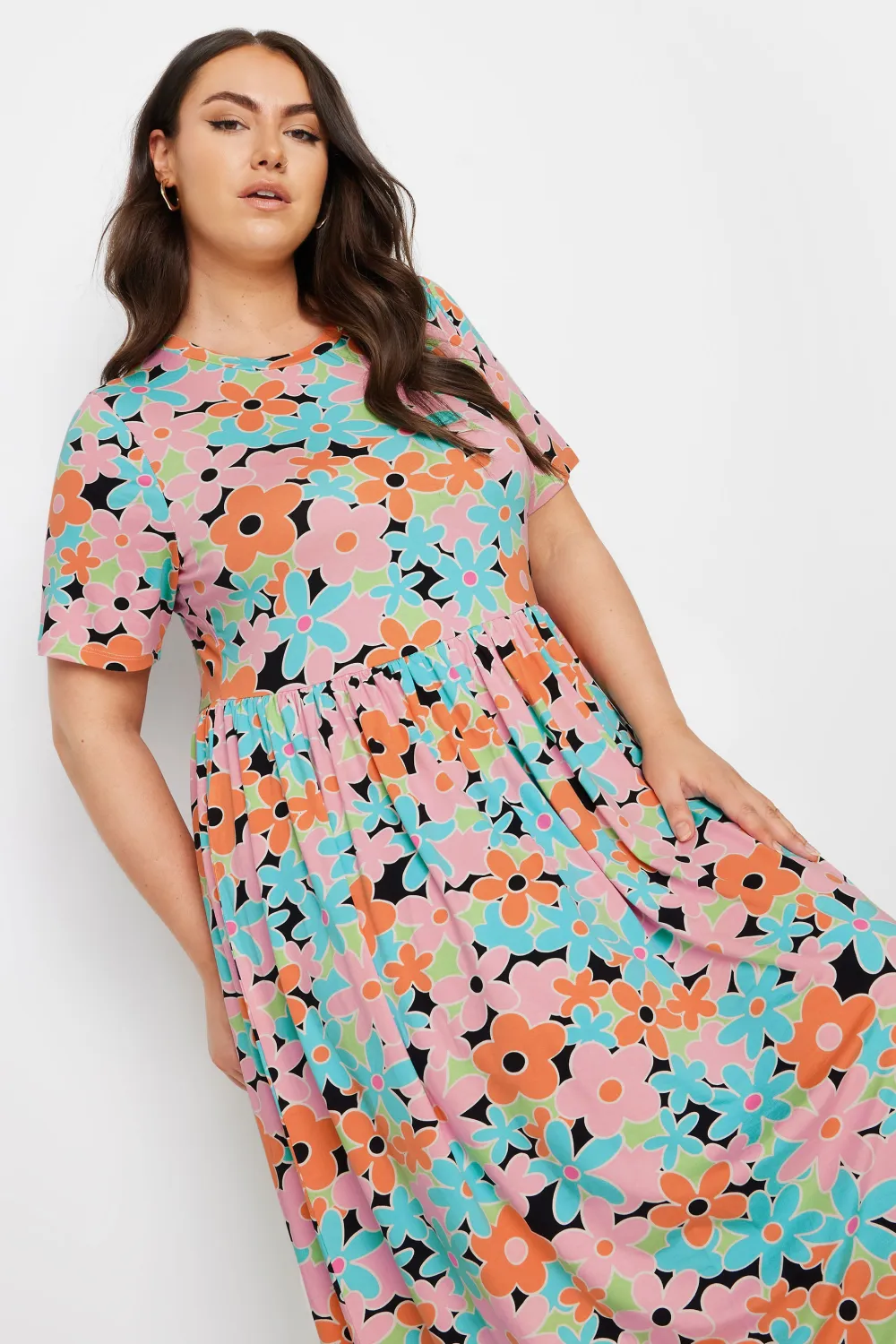 YOURS Curve Orange & Blue Retro Floral Print Smock Dress