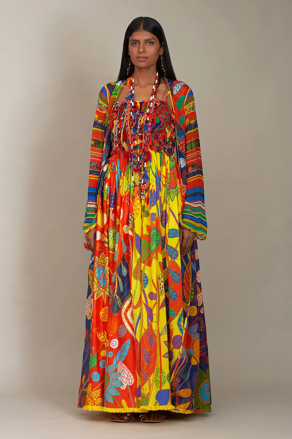 Multicolor cotton printed floral square neck silk spaghetti dress