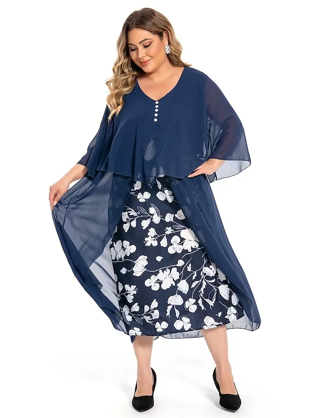 Women‘s Plus Size Curve Work Dress Floral V Neck Ruched 3/4 Length Sleeve Spring Summer Work Elegant Midi Dress  Layered Formal Vacation Dress Wedding Guest Dress