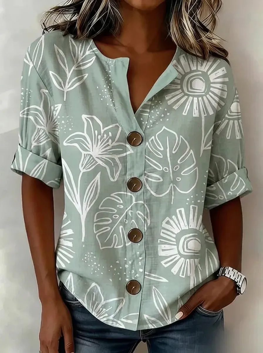 Women's Nashville Floral Leaf Pattern Printed Button-Up Shirt