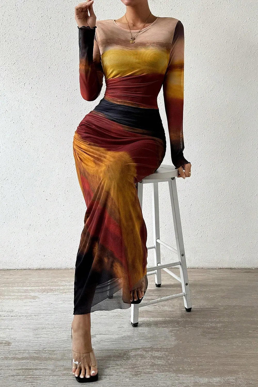 Women's Tie Dye Long Sleeve Pleated Dress Multicolor