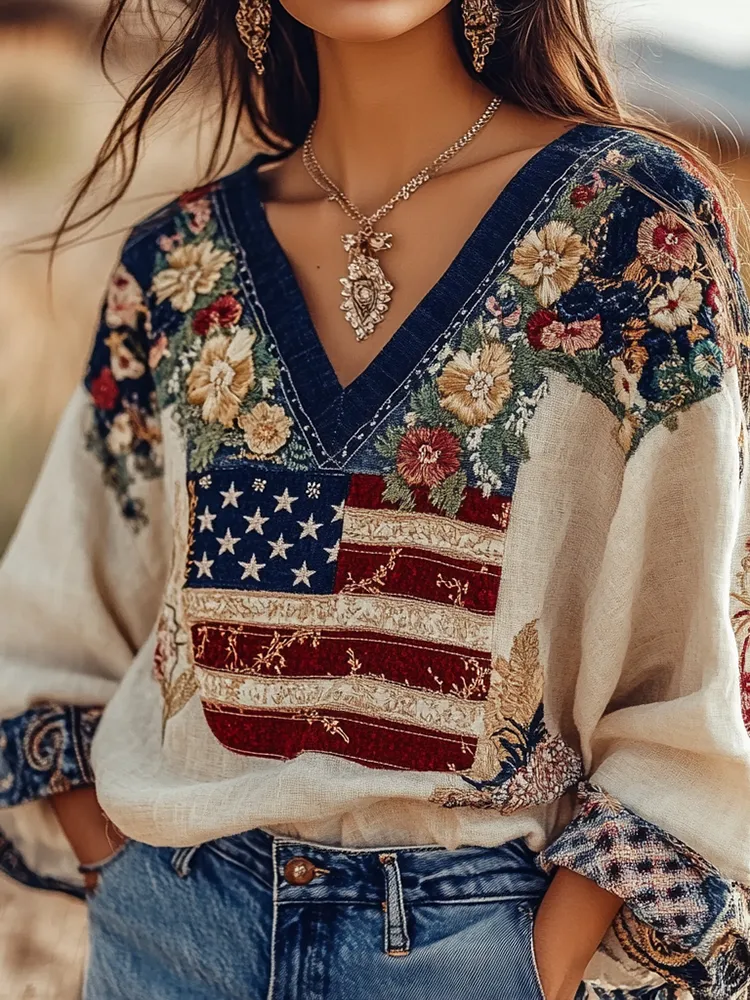 Women's Vintage Independence Flag Floral Linen V Neck T-shirt