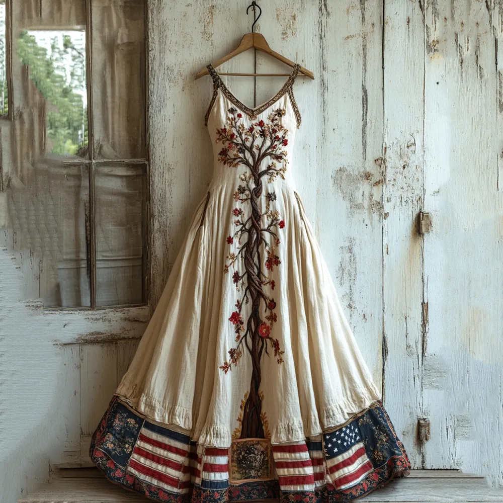 Women's Vintage Independence Day Flag Life Of Tree Art Linen Maxi Dress