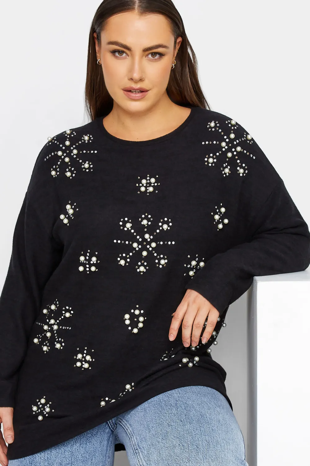 YOURS LUXURY Curve Black Stud & Pearl Embellished Sweatshirt