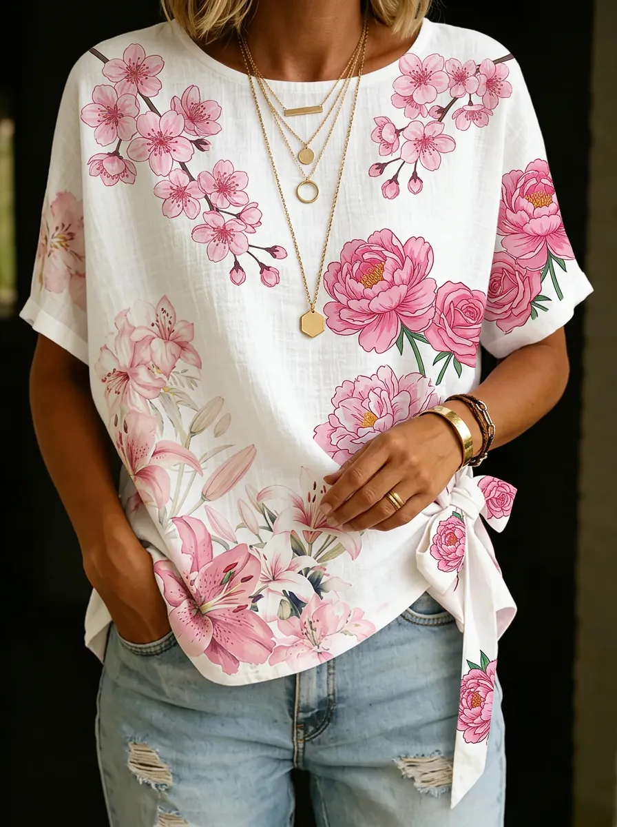 Women's Nashville Floral Cherry Blossom Peony Printed Top