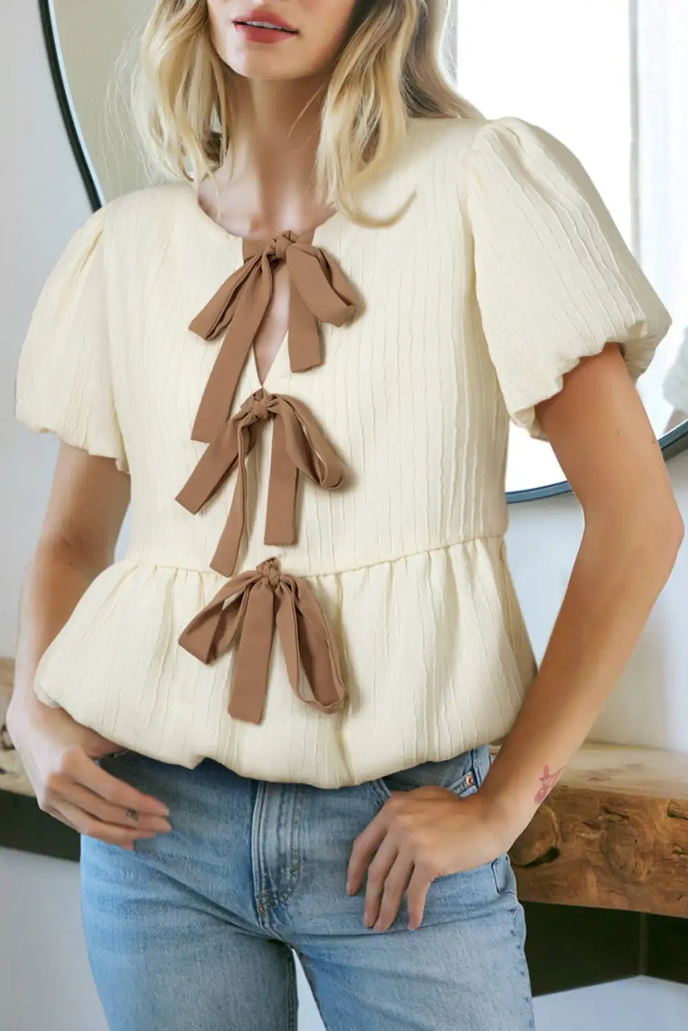 Bow Detail Textured Puff Sleeve Blouse