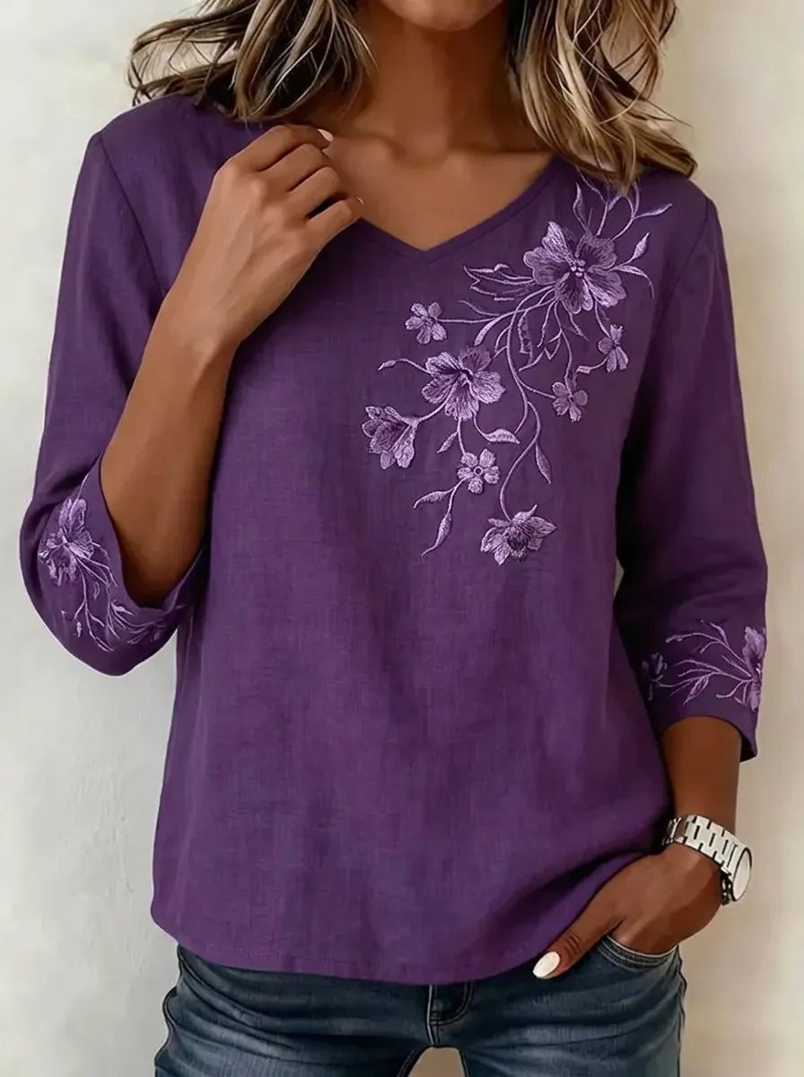 Women's Nashville Floral Embroidery Printed V-neck Top