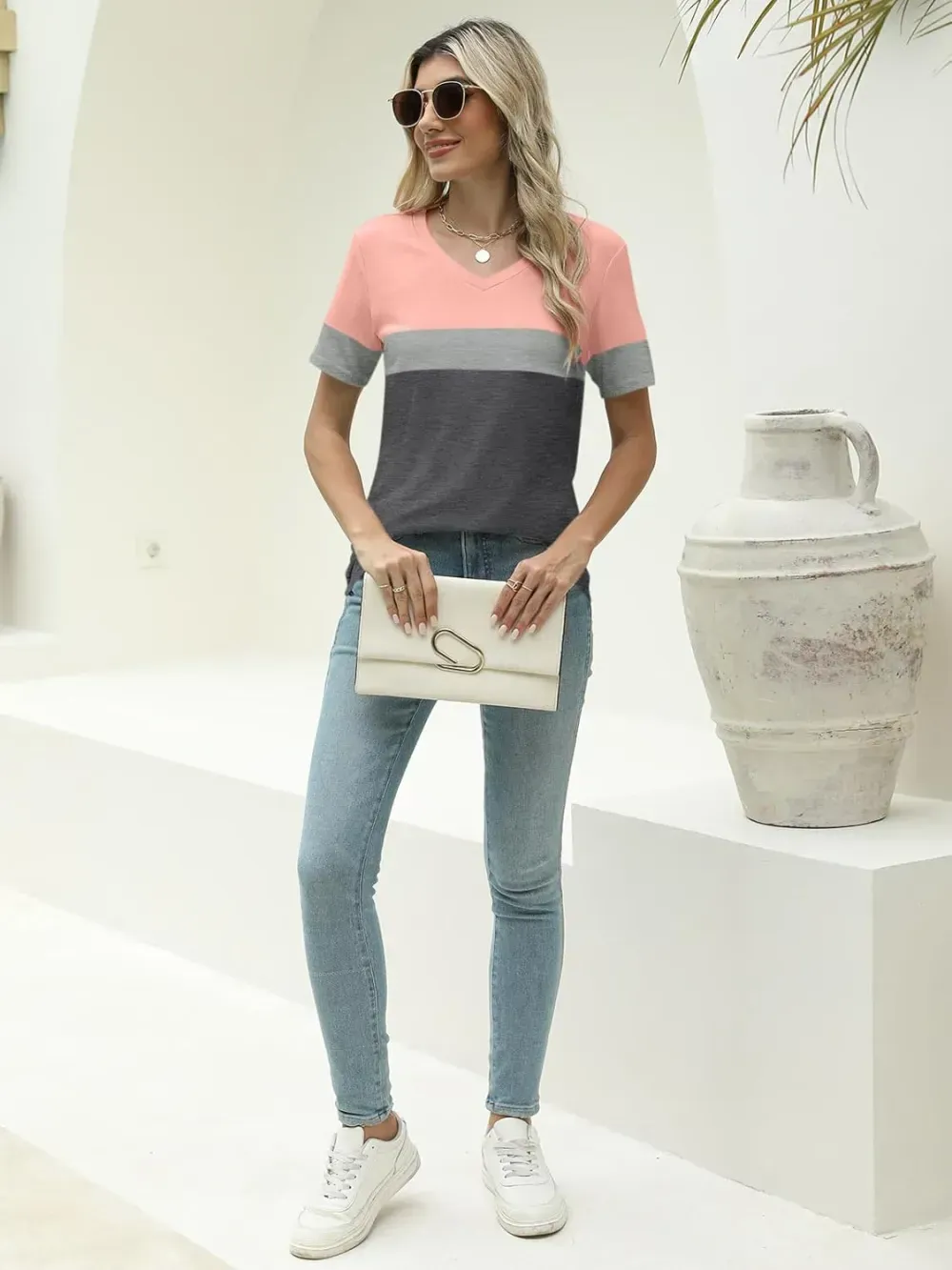 ORANDESIGNE Women's Color Block Short Sleeve T Shirts Casual V Neck Summer Tops Tees Loose Fit Blouses