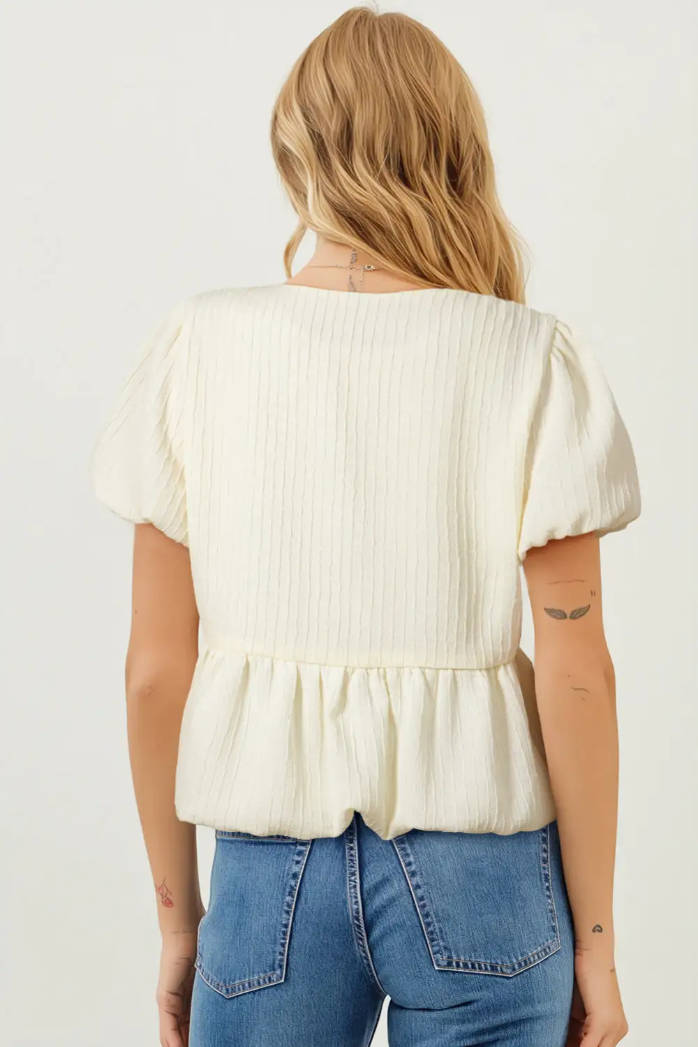 Bow Detail Textured Puff Sleeve Blouse