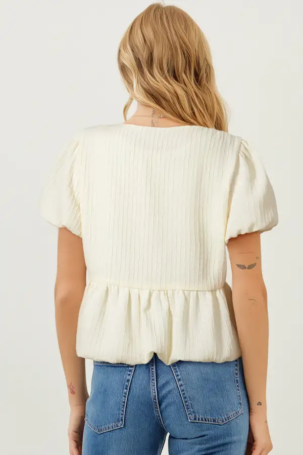 Bow Detail Textured Puff Sleeve Blouse