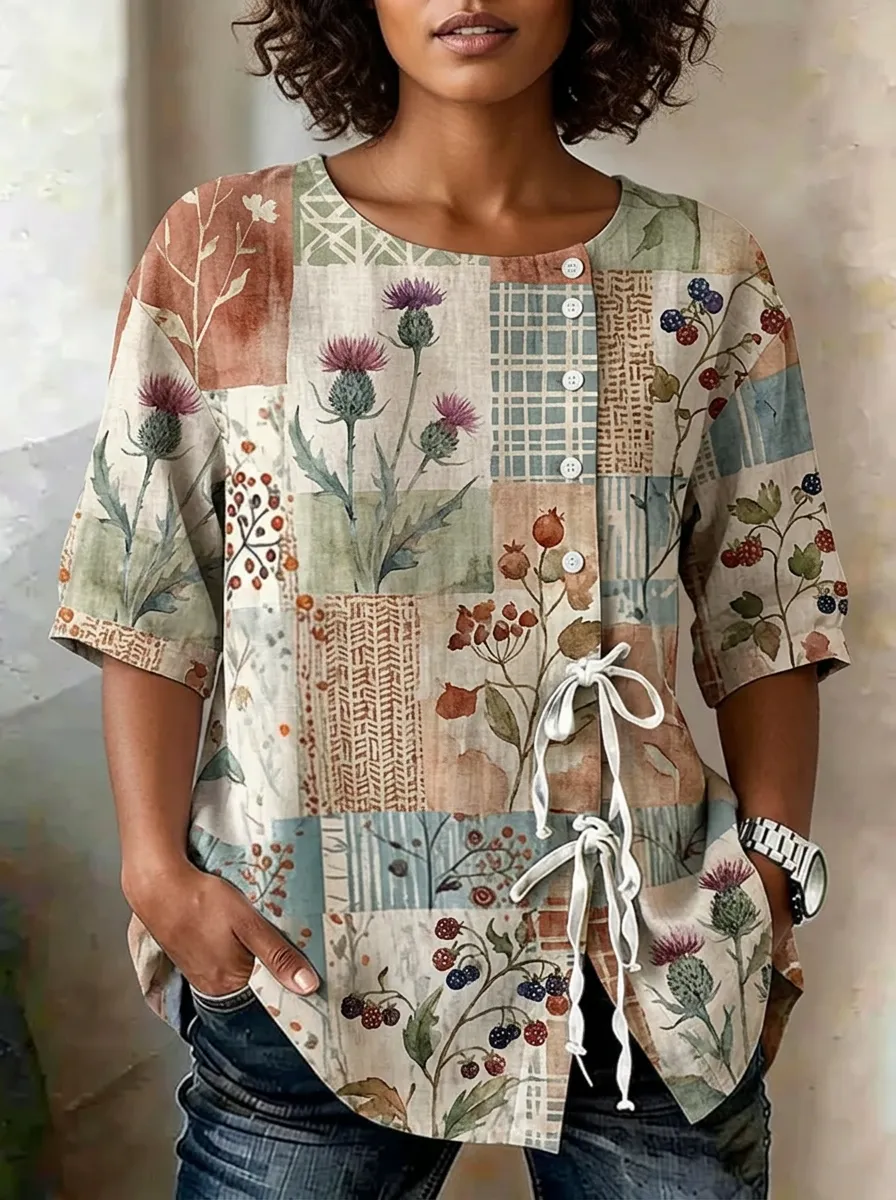 Women's Nashville Botanical Thistle Berry Printed Button-Up Top