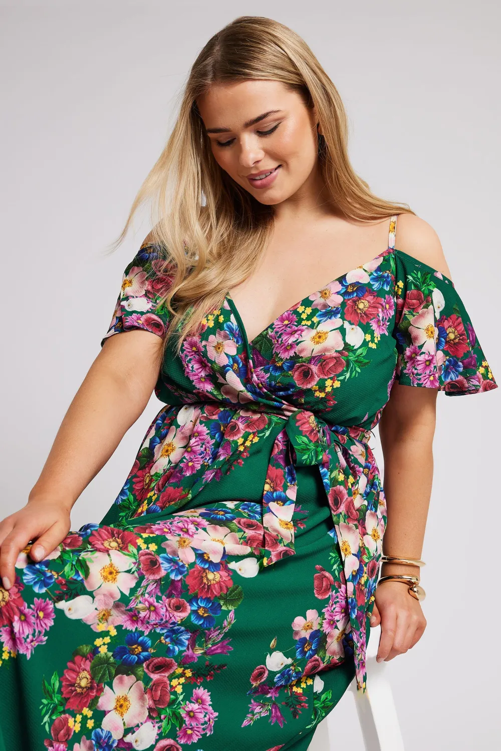 YOURS LONDON Curve Green Floral Print Cold Shoulder Wrap Dress