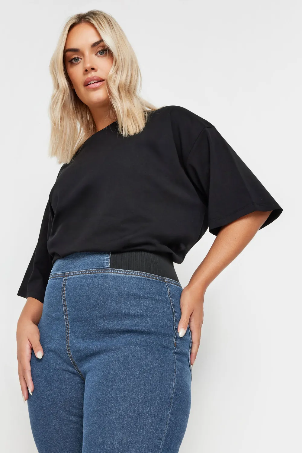 YOURS Curve Blue Elasticated Insert Split Hem Stretch Jeggings