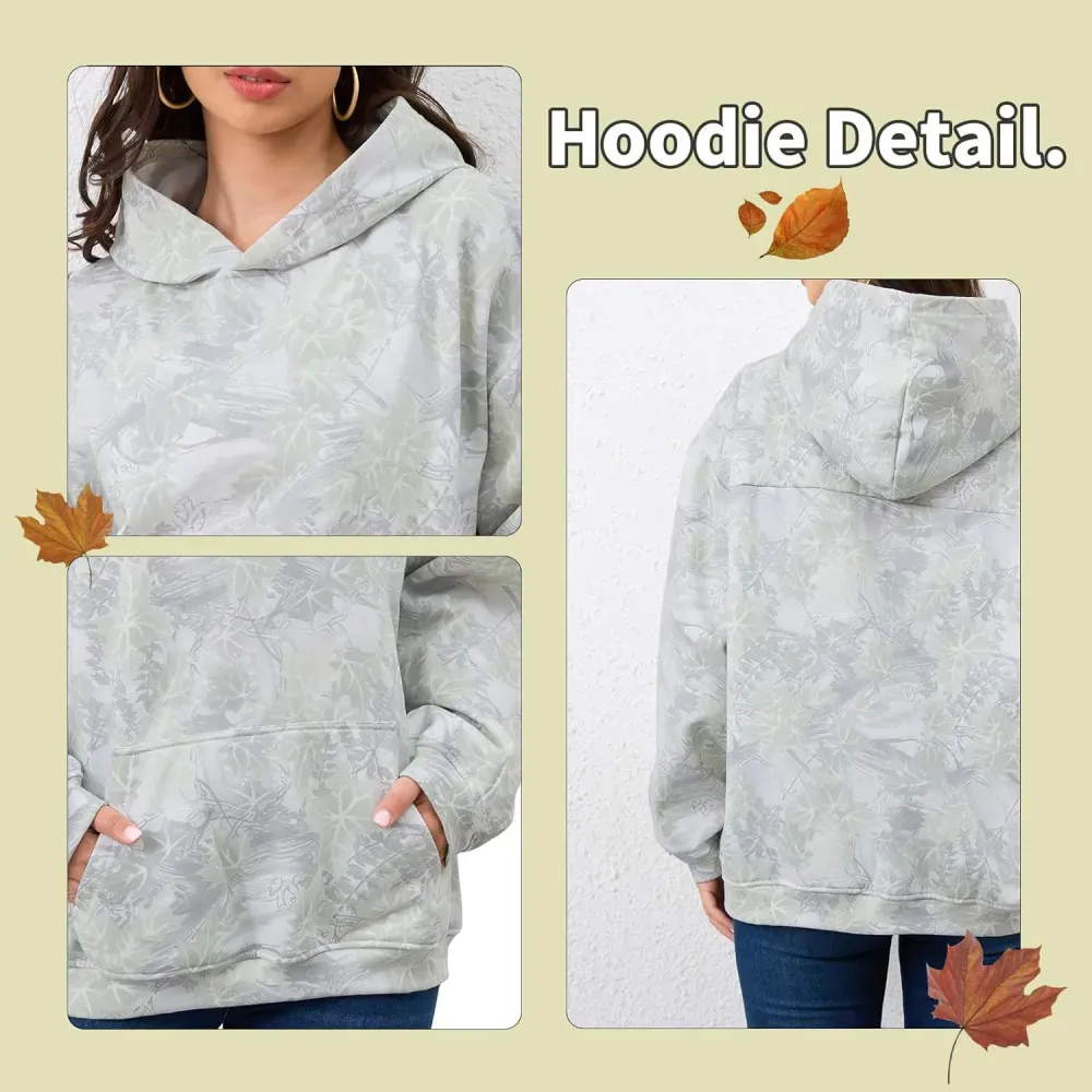 Womens Camo Hoodies Maple Leaf Print Oversized Hooded Sweatshirt Fleece Pullover Sweatshirts Long Sleeve with Pocket