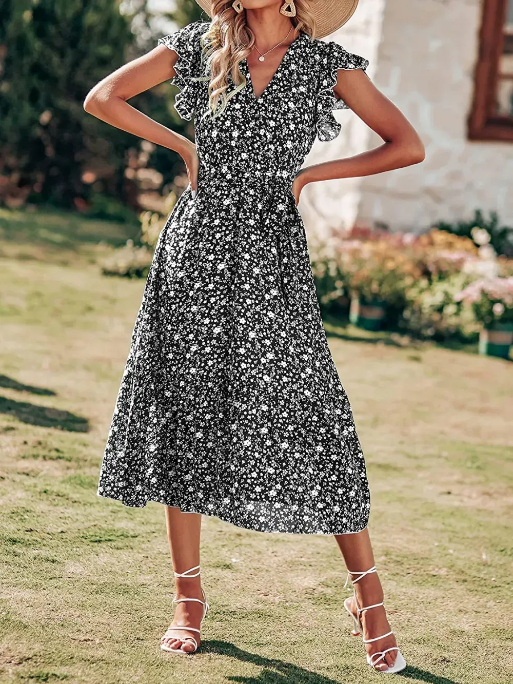 Women Summer Bohemian Floral Casual Wrap V Neck Ruffle Cap Sleeveless Belt A-Line Pleated Hem Swing Midi Sun Dress