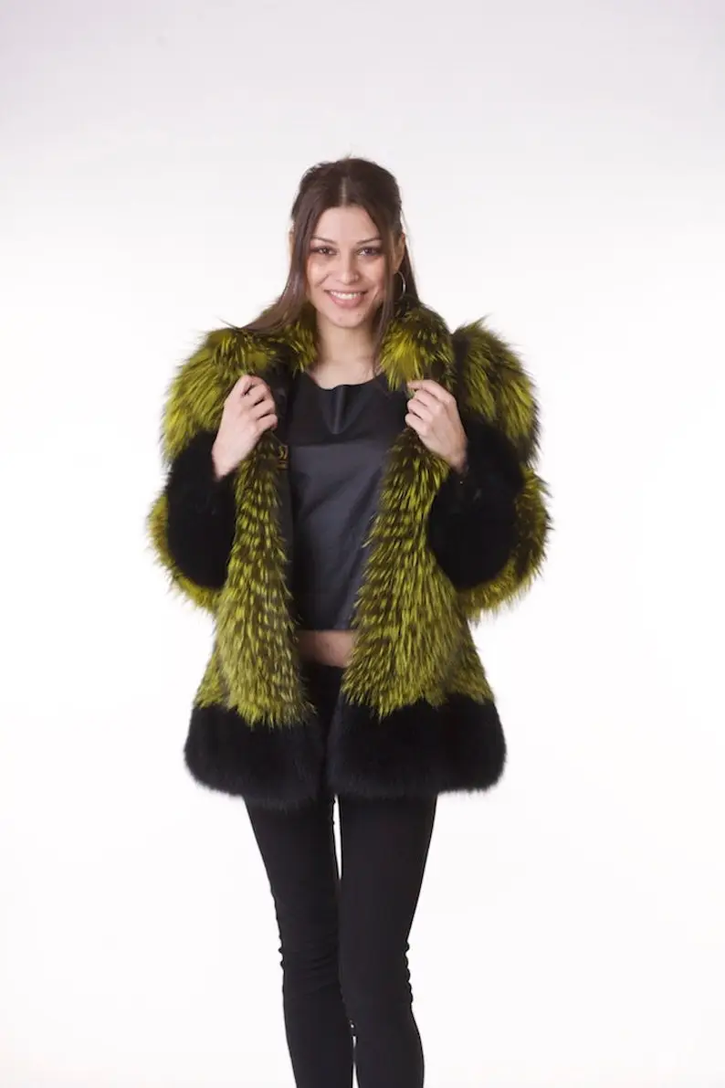 Lime Green and Black Fox Fur Coat Women’s
