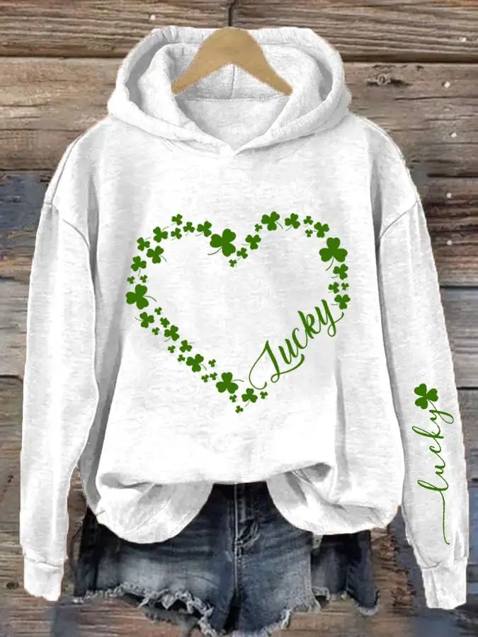 Women's St. Patrick's Day Heart Shamrock Print Hooded Sweatshirt