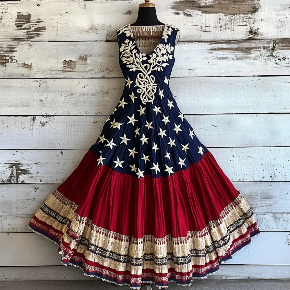 Women's Vintage Independence Day With Celtic Life Of Tree Art Linen Midi Dress