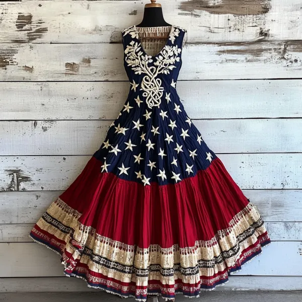 Women's Vintage Independence Day With Celtic Life Of Tree Art Linen Midi Dress