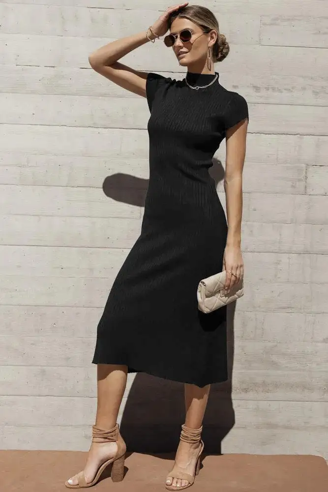 Classy Black Plain Midi Sweater Dress