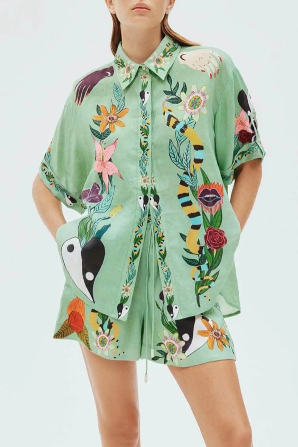 unique ethnic print loose shirt and shorts two piece set