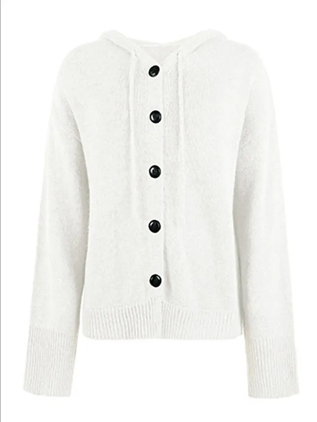 Women's Cardigan Sweater Jumper Ribbed Knit Regular Button Solid Color Hooded Stylish Casual Outdoor Daily Fall Winter Black White S M L