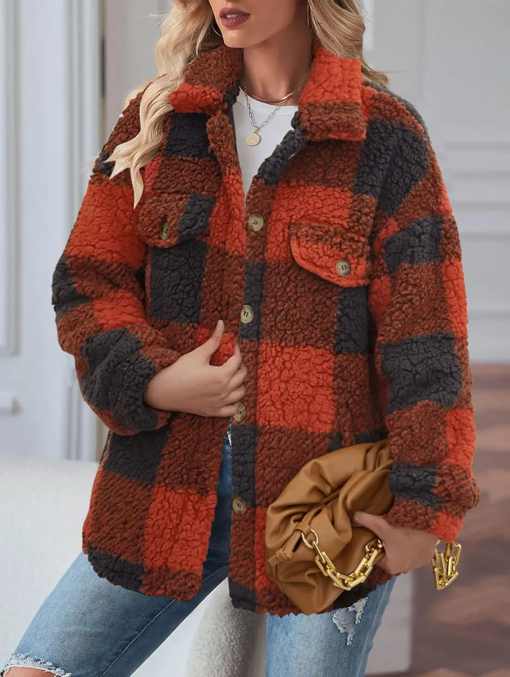 Women's Fleece Plaid Jacket Coats Button Down Lapel Sherpa Shacket Outwear with Pockets