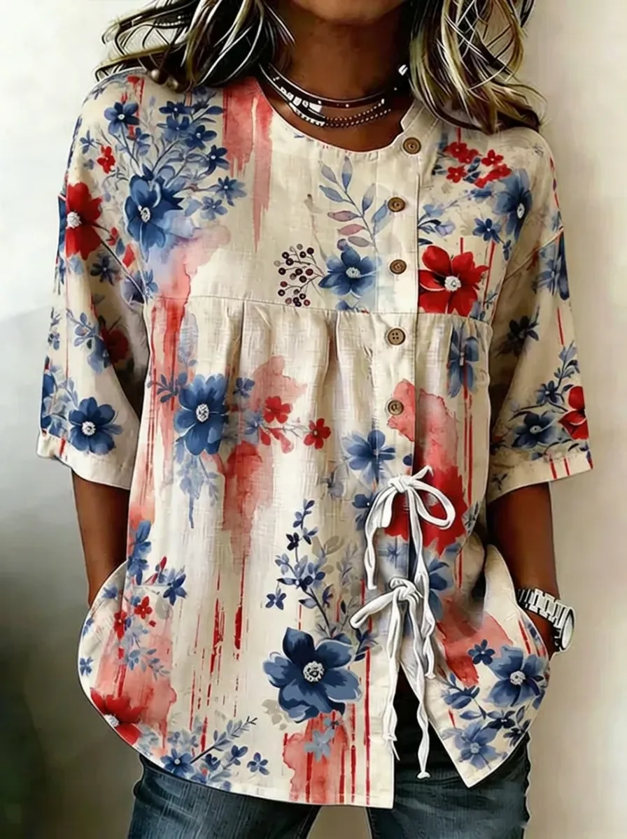 Women's Nashville Floral Watercolor Printed Button-Down Top