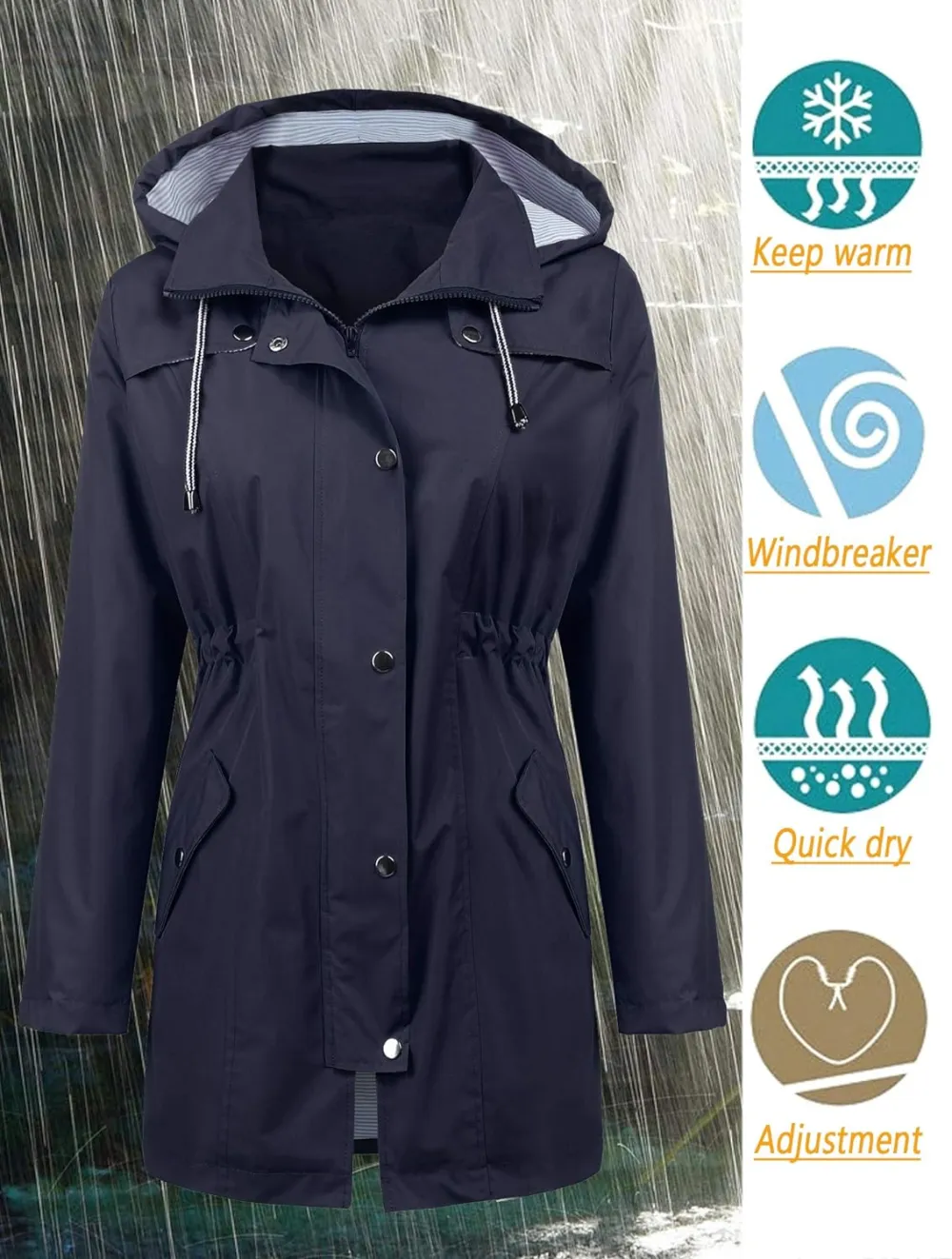 LOMON Raincoat Women Waterproof Long Hooded Trench Coats Lined Windbreaker Travel Jacket S-XXL
