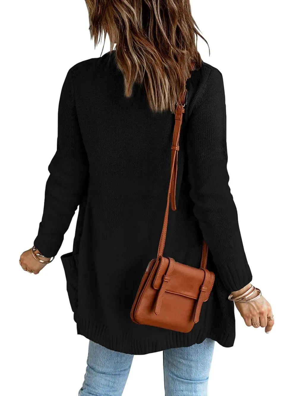 Womens Long Sleeve Open Front Buttons Cable Knit Pocket Sweater Cardigan