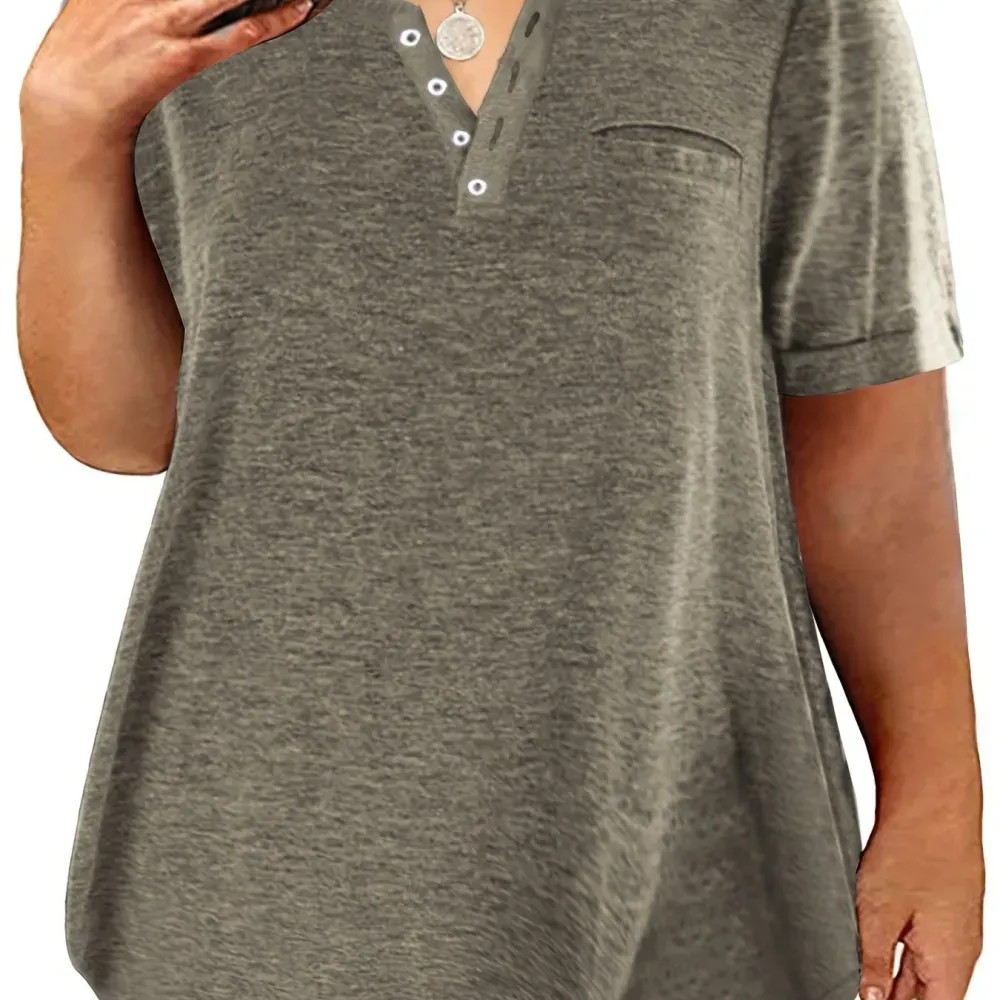 Plus Size Button Front Short Sleeve T-shirt, Women's Plus Slight Stretch Casual Tee