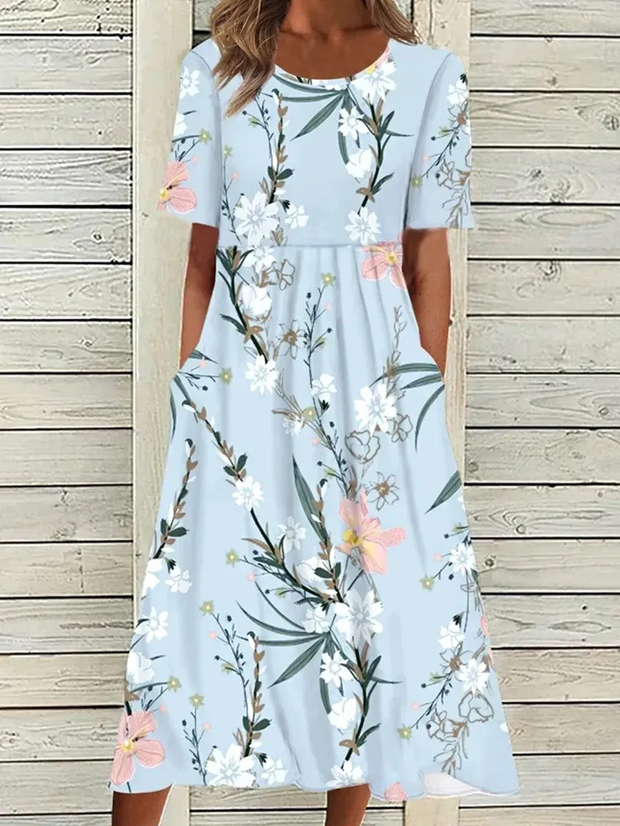 Casual Floral Print Crew Neck Pocket Short Sleeve Midi Dress