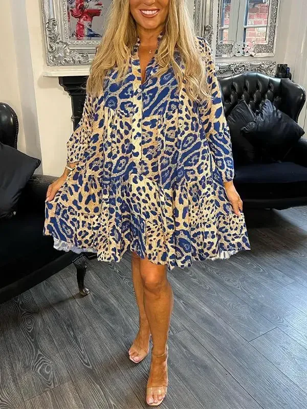 Women's V-neck Half-button Leopard Print Short Dress