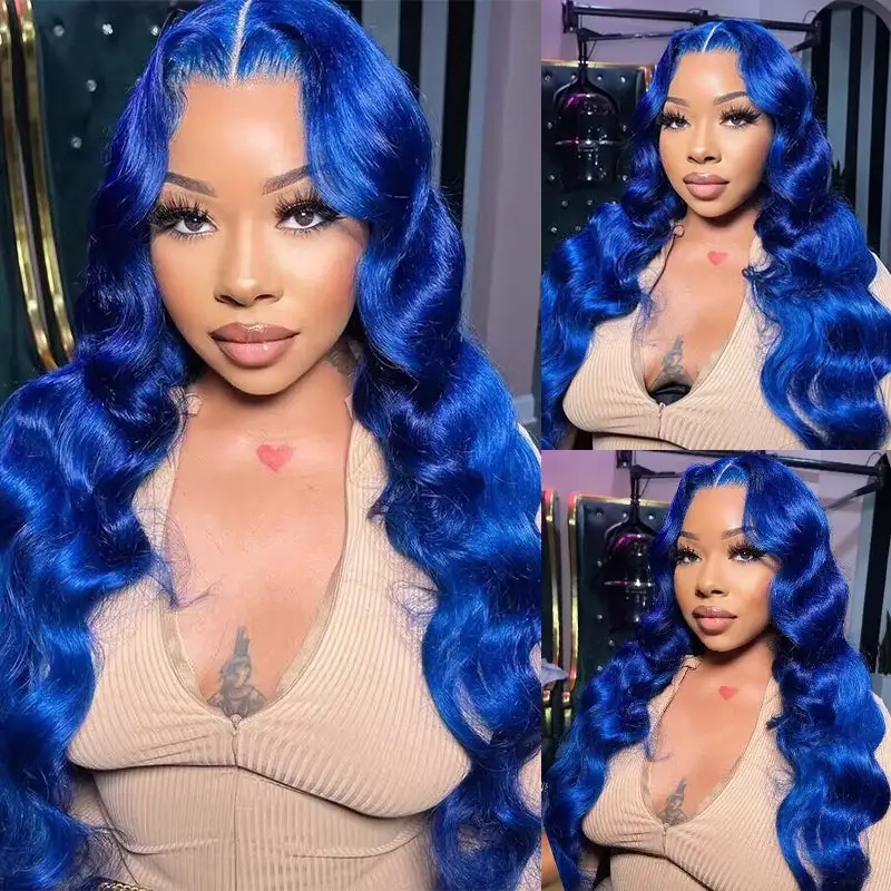 Sterly Royal Blue 13x6 Full Frontal Lace Body Wave Human Hair Wigs Pre Colored Blue Wigs