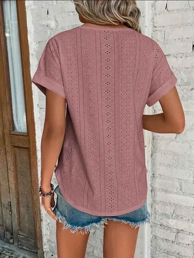 Women's T shirt Tee White Eyelet Tops Light Blue Black White Plain Cut Out Short Sleeve Daily Weekend Basic Round Neck Regular Cotton S