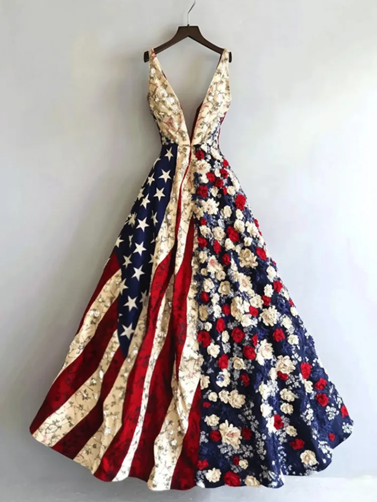Women's Independence Day Flag And Floral Pattern Sleeveless Dress