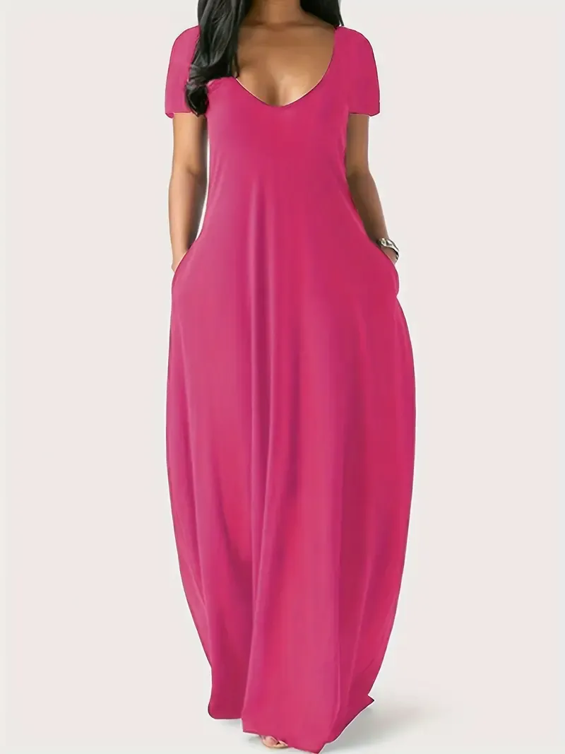 olid Simple Dress - Casual Short Sleeve Maxi Dress With Pockets - Women's Clothing - For Everyday Wear & Casual Occasions - Suitable for Women - Perfect Gift for Birthday & Holidays