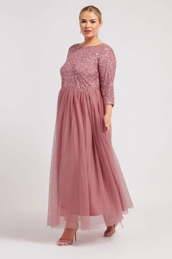 LUXE Curve Navy Blue Sequin Hand Embellished Maxi Dress