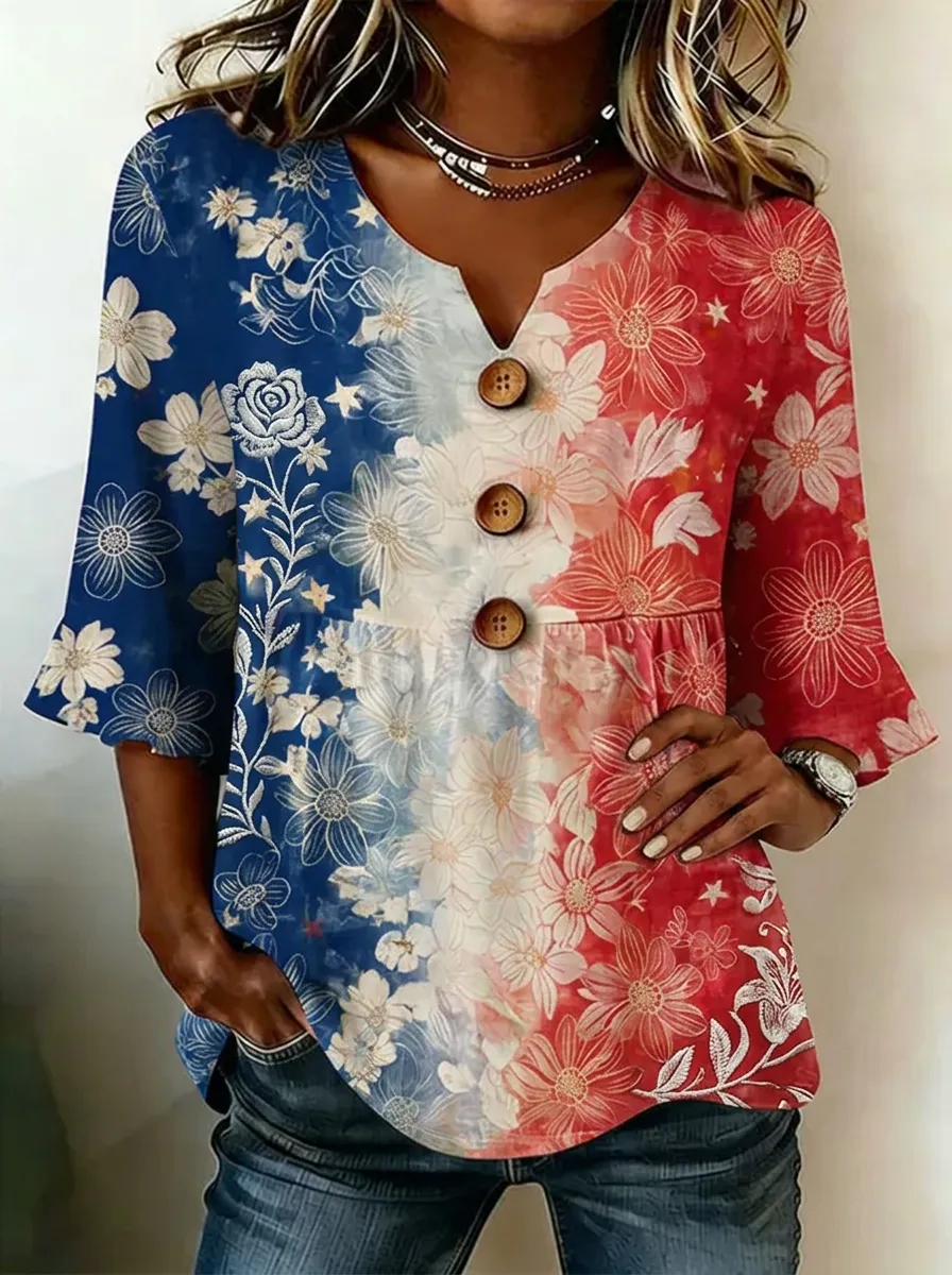 Women's Nashville Patriotic Floral Printed V-Neck Button Top