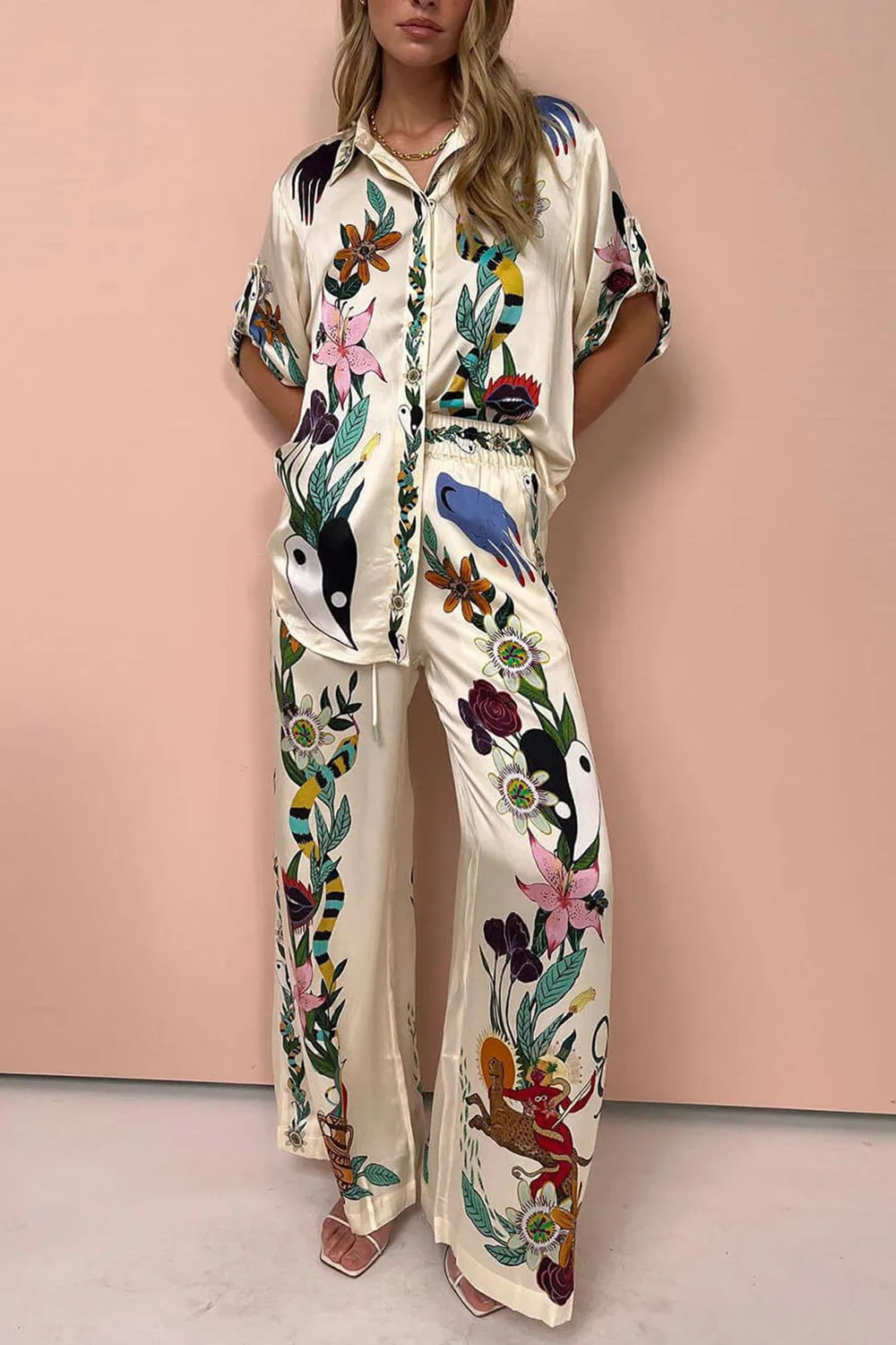 Modern sophistication oversized button-down shirt in satin with unique print