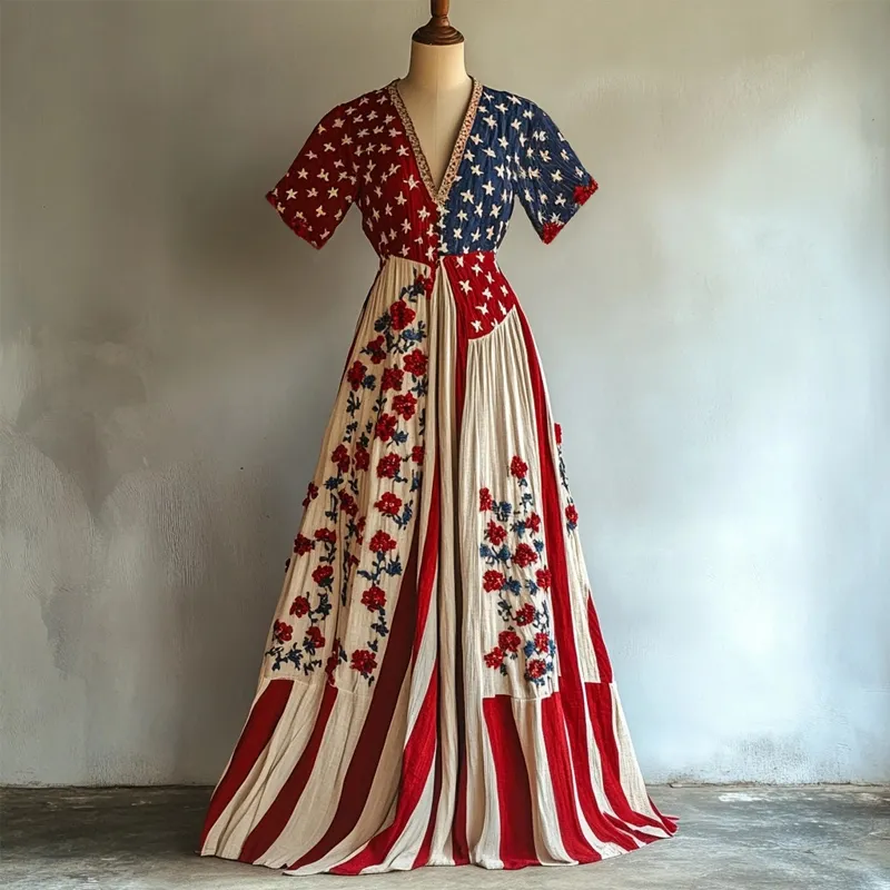 Vintage Flag Inspired Flower Embroidered Linen Maxi Dress